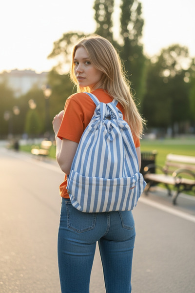 AHMERA Unisex Blue Striped Pocket Drawstring Shoulder and Backpack