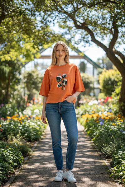 AHMERA Orange Women's Oversize Crew Neck Printed Crop T-Shirt