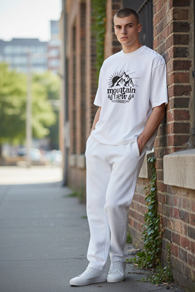 AHMERA تي شيرت أبيض أساسي برقبة دائرية مقاس كبير للجنسين مطبوع رقم 1