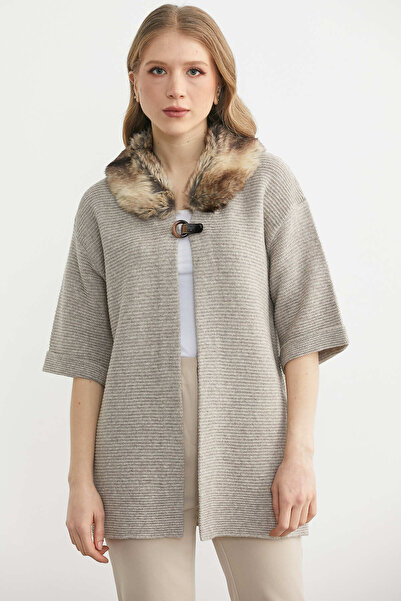 Sementa Кардиган з вовняного трикотажу з штучним хутром на комірі - світло-бе...