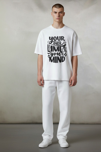 AHMERA تي شيرت أبيض أساسي برقبة دائرية مقاس كبير للجنسين مطبوع رقم 2