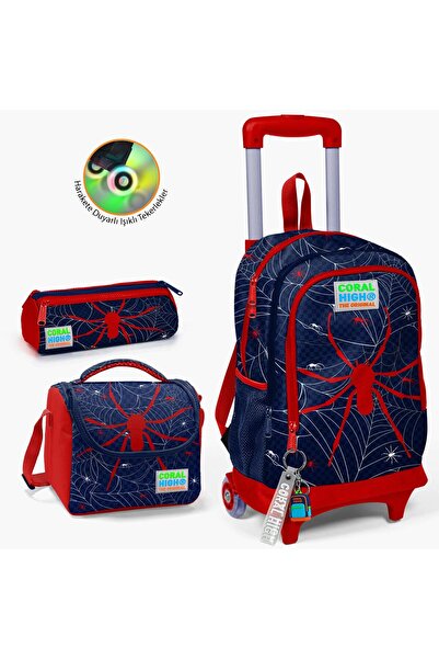 Coral High Navy Blue and Red Spider Patterned 3-Piece Bag Set - SET 0123920
