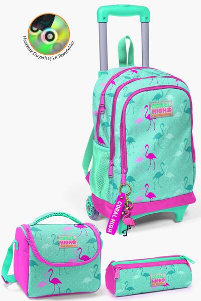 Coral High Kids Su Yeşili Neon Pembe Flamingo Desenli Çekçekli 3'lü Çanta Set...