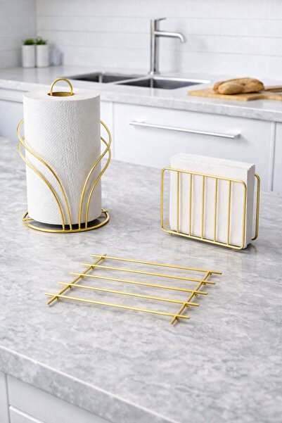 KARTEYA GOLD Kuğu Peçetelik, Kafes Peçetelik, Nihale Gold 3'lü Mutfak Sunum S...