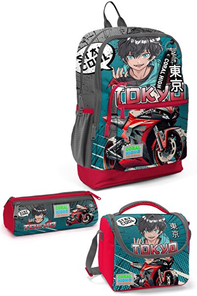 Coral High Kids Gri Nefti Anime Motorsiklet Desenli 3’lü Okul Çanta Seti SET0...