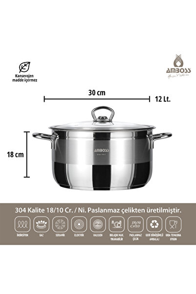 Amboss Oală adâncă Saphire din oțel inoxidabil cu capac din sticlă - 30 cm