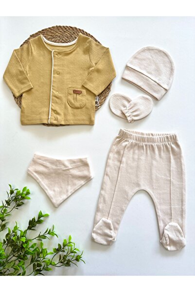 Puro Cotone %100 Pamuk Cep Detaylı 5 Parça Yenidoğan Takım Hardal-Ekru