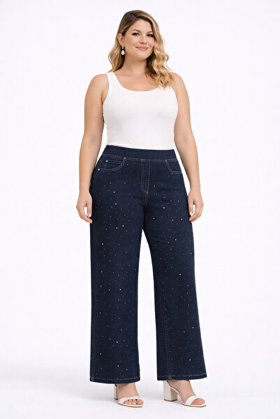 Şans Women's Plus Size Navy Blue, High Waist, Elastic Waist, Ornamental Pocke...