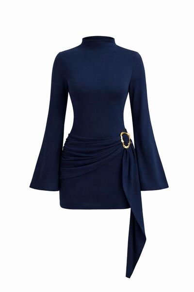 MYCPARL Lacivert Kadın Dik Yaka Toka Detaylı Kuşaklı Toparlayıcı Kalıp Mini T...