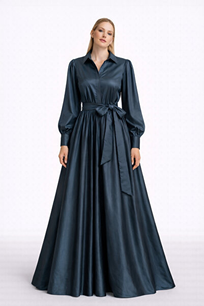 MERT ERKAN Balon Kollu & Kuşaklı Çelik Mavi İpek Tafta Maxi Gömlek Elbise
