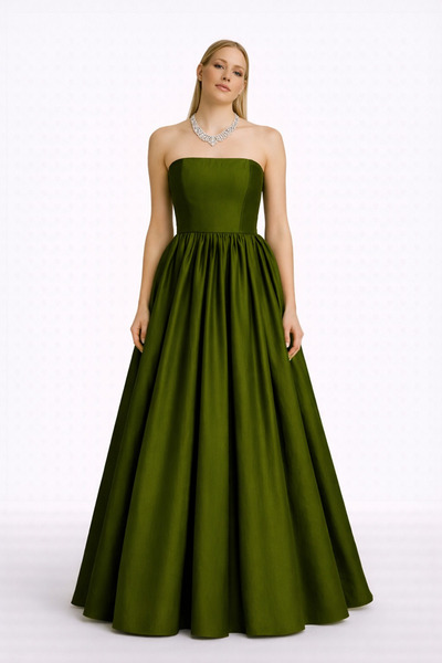 MERT ERKAN Maxi Strapless Taffeta Dress with Full Circle Opening & Ruffles