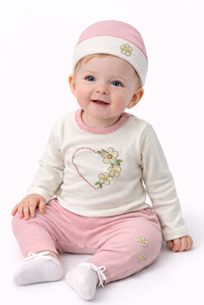 Tomuycuk Pink & Heart Embroidered 3-Piece Baby Girl Set 100% Cotton Sweat