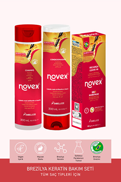 NOVEX Brezilya Keratin - Şampuan 300ml + Saç Kremi 300ml + Durulanmayan Saç B...