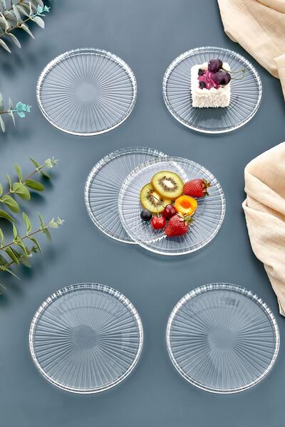 İLİVA 6 lı Pasta Tabağı Seti - 6 Kişilik Lüks Cam Kek Pasta Takımı - Tatlı Ta...