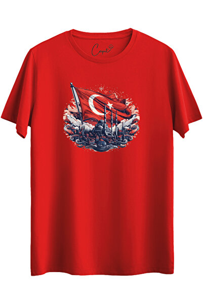 Çapıt تي شيرت أحمر مطبوع عليه علم اسطنبول التركي - 100% قطن