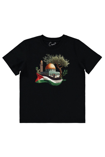 Çapıt تيشيرت أطفال أسود بأكمام قصيرة - 100% قطن، مطبوع عليه القدس الفلسطينية