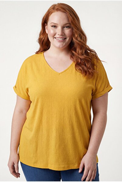 Ebsumu Kadın V Yaka Kısa Kollu Hardal Bluz