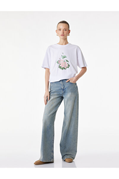 Koton Cotton Short Sleeve Crew Neck Lotus Flower Printed Oversized T-Shirt