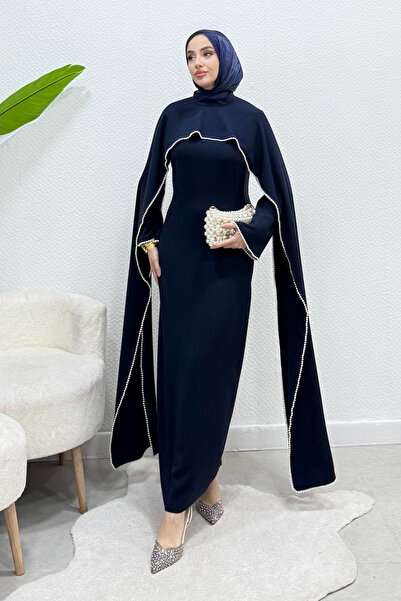 Tesettür Diyarı Μαγιόρες Περιποιημένο Κρεπ Βραδινό Φόρεμα Χιτζάμπ με Πέρλες -...