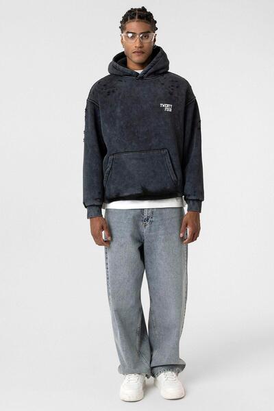 VAMOSCLO سويت شيرت أسود كبير الحجم مع تفاصيل نص مغسولة