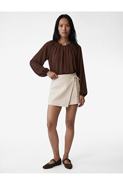 Koton Chiffon Blouse with Long Balloon Sleeves and Accessory Detail