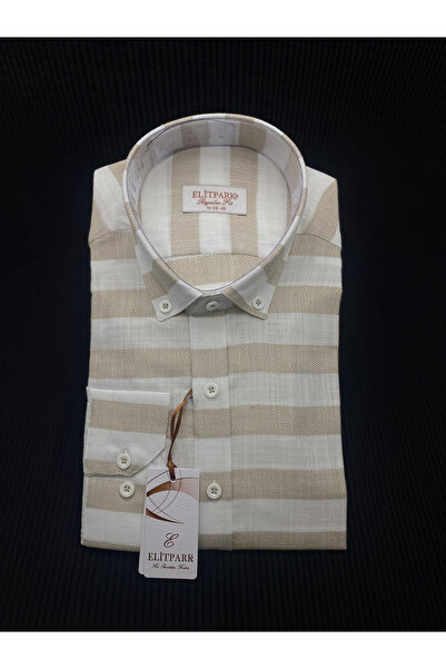 elitpark Erkek Bej-Beyaz Çizgili Düğmeli Yaka %100 Pamuk Uzun Kollu Gömlek