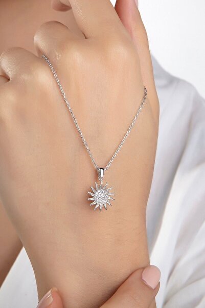 Genel Markalar Kadın Orjinal 925 Ayar Gümüş Zirkon Taşlı Güneş Model Kolye