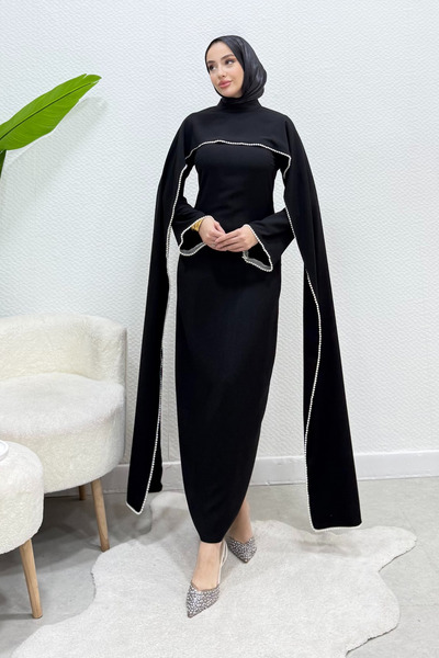 Tesettür Diyarı فستان سهرة من الكريب اللؤلؤي مع عباءة من مايرز - أسود