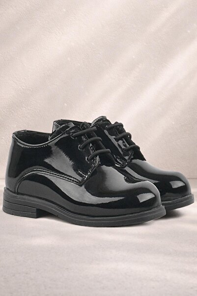 Rakerplus Black Patent Leather Rubber Laced Oxford Baby Shoes