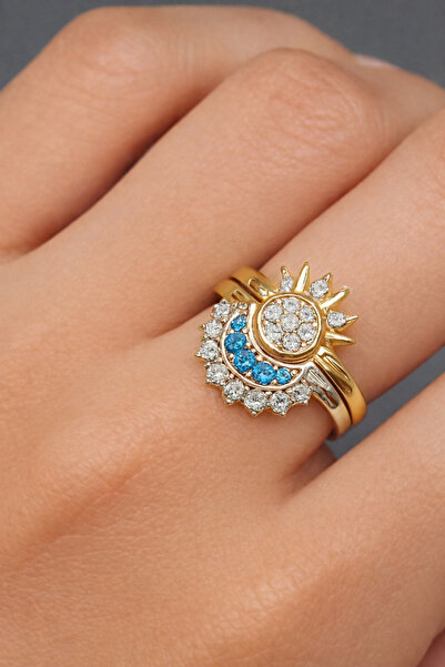 ÇEKİRDEK JEWELRY 925 Ayar Gümüş Ay Güneş Ayarlanabilir Yüzük