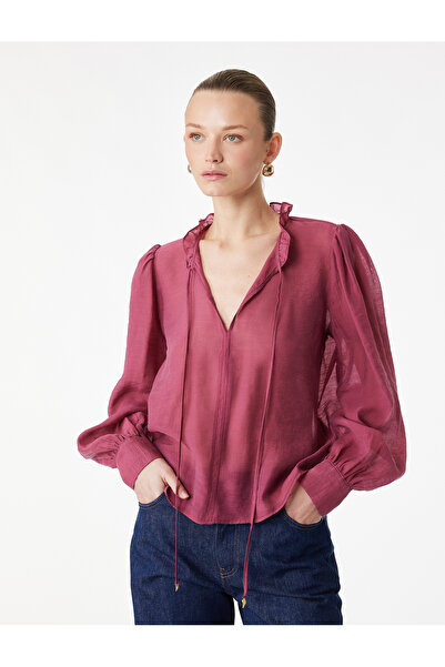 Koton Long Balloon Sleeves Cuffed Tie Detail Round Ruffle Collar Blouse