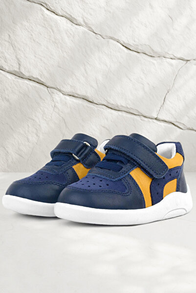 Rakerplus Genuine Leather Navy Blue Yellow Anatomical Baby Sneakers