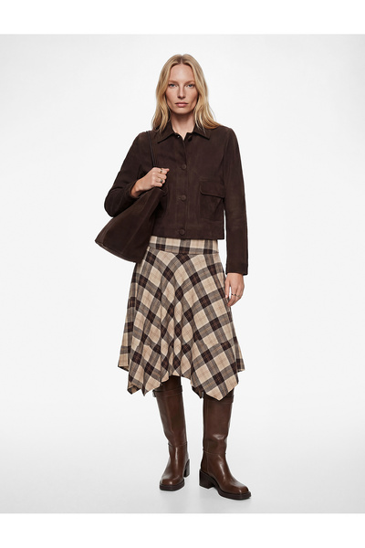 Koton Asymmetrical Cut Plaid Midi Skirt