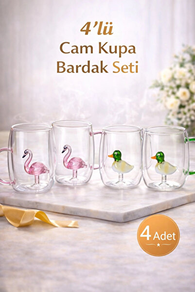 Rosemor 4'lü Figürlü Cam Bardak 3D Renkli Kulplu Fincan 350ml Sevimli Karikat...