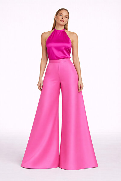 MERT ERKAN بنطلون أنيق من الساتان الأمريكي ذو خصر مرتفع وأرجل واسعة باللون ال...