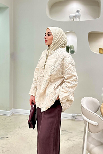 LOCCO Women's Gabardine Embroidered Bomber Jacket Ecru