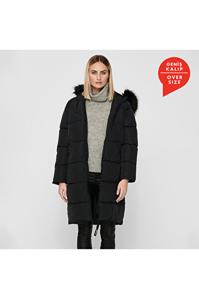 ONLY Monica dlhý puffer kabát dámsky čierny kabát s kapucňou