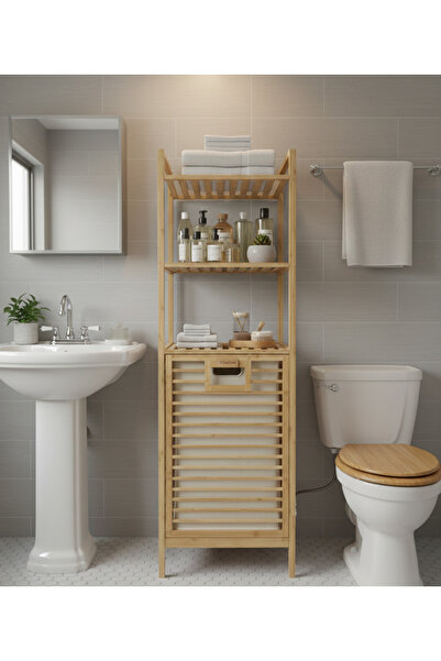 CREALISOL %100 Doğal Bambu 3 Raflı Kirli Çamaşır Sepetli Banyo Düzenleyici Dolap
