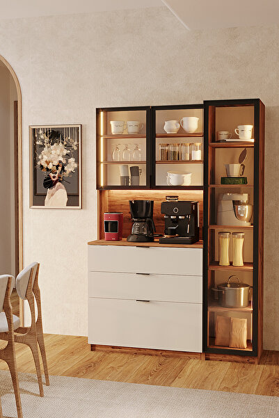 Avmpark Orea Temperli Cam Kapaklı Ledli Kahve Köşesi Kiler Dolabı Mutfak Tezg...