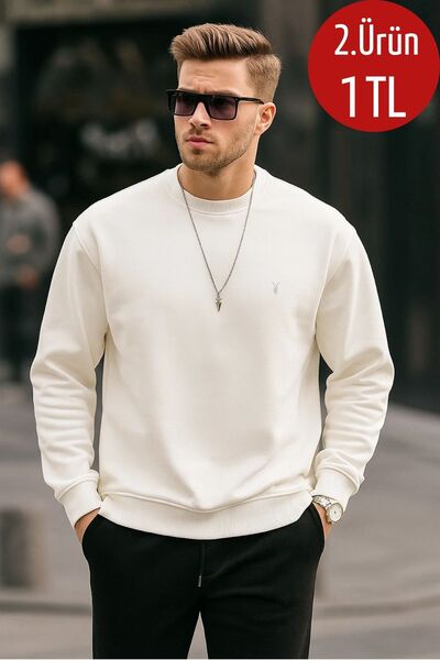 COMBİNE MİCHAİL Pánska mikina Ecru Color Basic Crew Neck Relaxed Regular