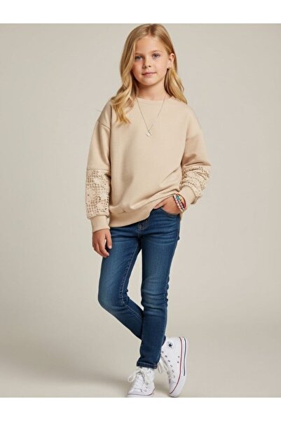 Zekids Hanorac din bumbac pentru fete - Gât rotund din guipură, mâneci cu dou...