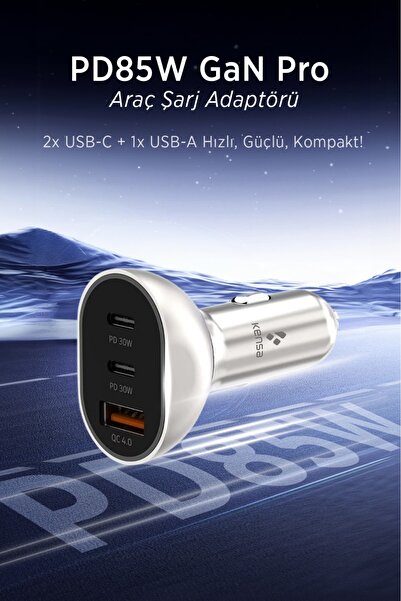 Kensa 30W PD Araç İçi Çakmaklık Hızlı Şarj Başlığı – 3 Port - USB-C, Akıllı G...