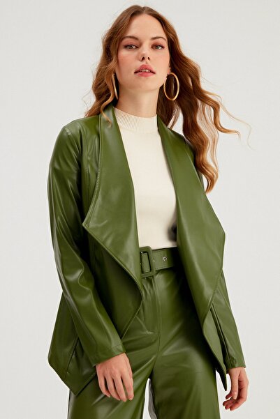 Sateen Wide Collar Leather Jacket - Green