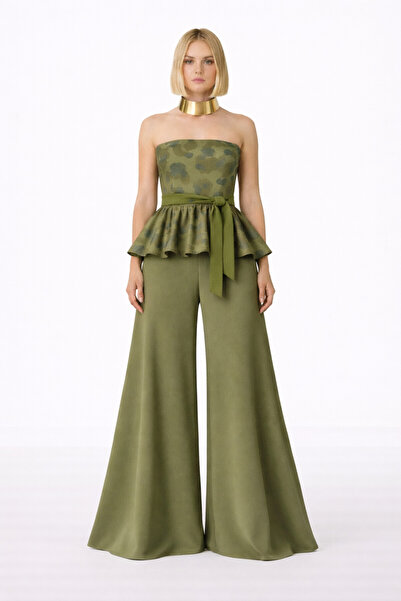 MERT ERKAN Camouflage Pattern Strapless Top & Wide Leg Crepe Pants Bottom & T...