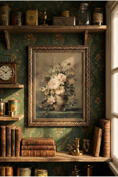 epiqart Vazoda Çalı Gülleriyle Natürmort - Vintage Desenli Çerçeve