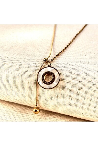 Siya Silver Roman Numeral Detailed Pearlescent Elevator Steel Necklace - Y Ne...