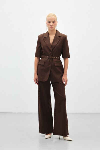 Sateen Λινό Παντελόνι με Φαρδιά Μπατζάκια - Καφέ