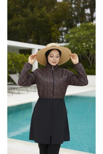 new ats Women's Fully Covered Hijab Swimsuit Patterned Bonnet and Bag Set Lamis