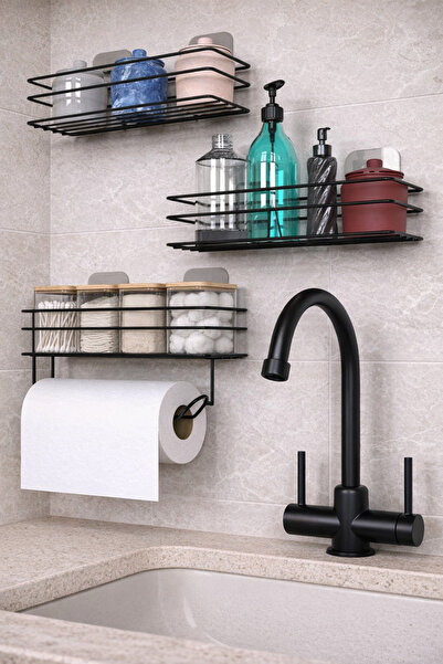 KARTEYA Yapışkanlı Mutfak Rafı Baharatlık 3Lü Metal Kağıt Havluluk Siyah  Sta...