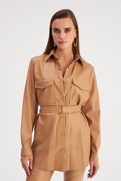Sateen Belted Long Leather Shirt - Beige
